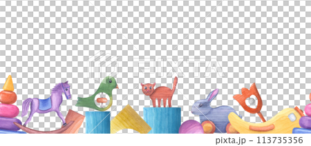 Rattle bird, cat, hare, pyramid, cubes, horse made of blocks. . Wooden elements made from building bricks. Wooden Toys. Seamless horizontal banner. Watercolor illustration for baby decor 113735356