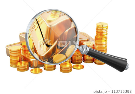 Gold Market Analysis, concept. Golden coins and gold bars with magnifier, 3D rendering Gold Market Analysis, concept. Golden coins and gold bars with magnifier, 3D rendering 113735398