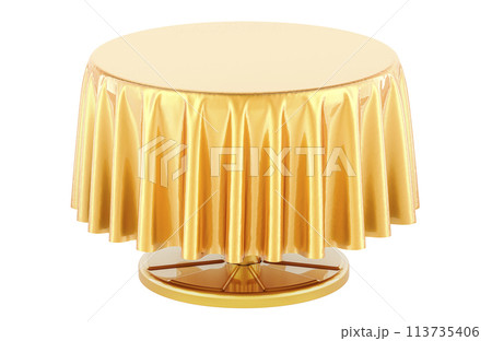 Empty round table with golden table cloth. 3D rendering 113735406