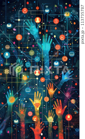 The image shows a lot of hands reaching up towards the sky. The hands are all different colors and they are all connected to each other by a series of lines. The lines are also different colors and th 113735787