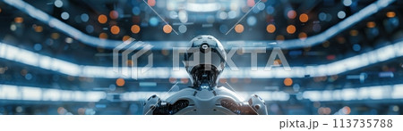 The image shows a robot standing in a futuristic city. The robot is looking up at the tall buildings. The city is full of bright lights and flying cars. 113735788
