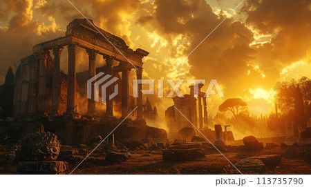 The ruins of an ancient city bathed in the warm light of the setting sun. 113735790