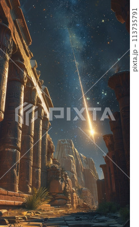 The ruins of an ancient Egyptian city bathed in the light of a shooting star 113735791