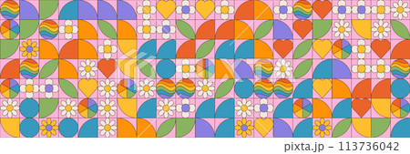 Pride Month groovy background. LGBT June parade. Seamless geometric pattern with simple geometric shapes and hippie flowers. Template for background, banner, card, poster. Vector EPS10 illustration 113736042