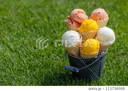 Assorted ice cream flavours in delightful waffle cones 113736088