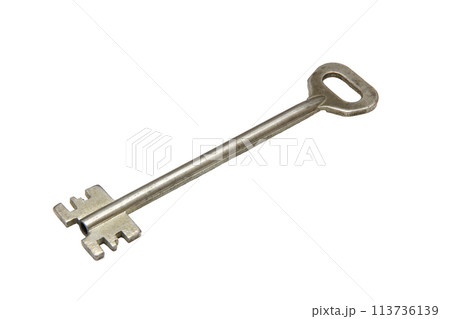 Closeup of a key, a tool made of nickel or steel, on a white background 113736139
