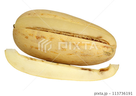 Yellow juicy melon cut on a white background Yellow juicy melon cut on a white background 113736191