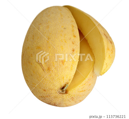 Yellow juicy melon cut on a white background 113736221