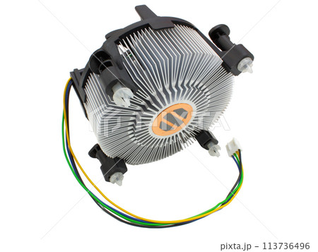 Close-up of CPU stuck to cooler heatsink isolated on white background 113736496