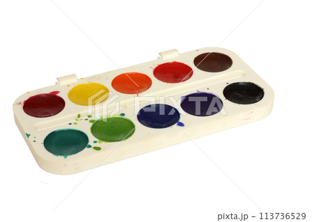 Watercolor paint and brush in white box isolated on white background Watercolor paint and brush in white box isolated on white background 113736529