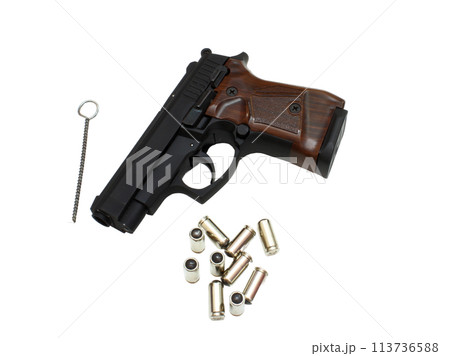 9mm pistol bullets and handgun isolated on white background 113736588