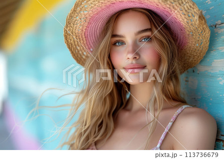 Young lady in a straw hat with a subtle smile and sparkling blue eyes 113736679