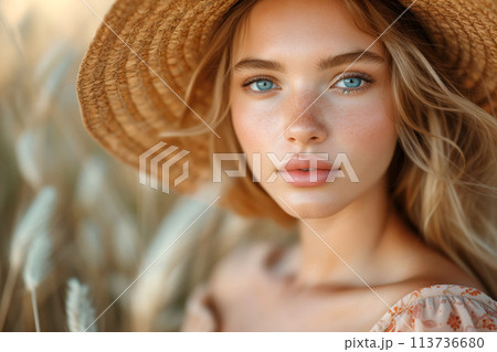 Young lady in a straw hat with a subtle smile and sparkling blue eyes 113736680
