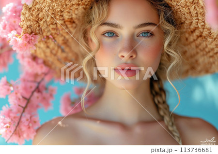 Young lady in a straw hat with a subtle smile and sparkling blue eyes 113736681