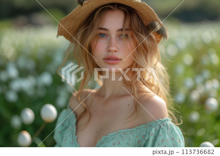 Young lady in a straw hat with a subtle smile and sparkling blue eyes 113736682