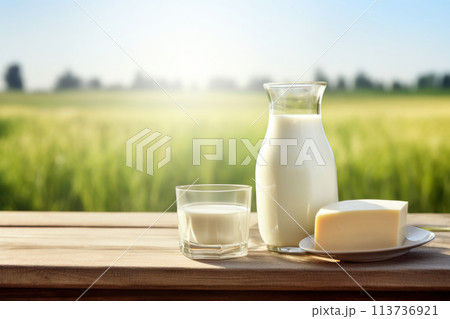 Healthy organic dairy products, bottle of milk and different cheese on wooden table top and blurred landscape on summer meadow. International Milk Day. Space for design. 113736921