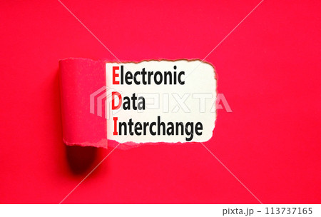 EDI electronic data interchange symbol. Concept words EDI electronic data interchange on white paper on a beautiful red background. Business and EDI electronic data interchange concept. Copy space. EDI electronic data interchange symbol. Concept words EDI electronic data interchange on white paper on a beautiful red background. Business and EDI electronic data interchange concept. Copy space. 113737165