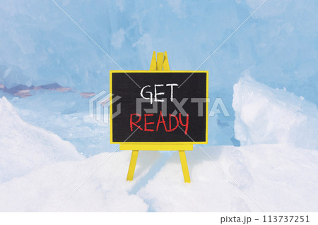 Get ready symbol. Concept words Get ready on beautiful yellow black blackboard. Beautiful blue ice background. Business, support, motivation and get ready concept. Copy space. Get ready symbol. Concept words Get ready on beautiful yellow black blackboard. Beautiful blue ice background. Business, support, motivation and get ready concept. Copy space. 113737251