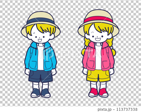 戴草帽的男孩和女孩 113737338