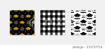 Graduation hats seamless pattern. Set of 3 grad ceremony backdrop. Vector template for fabric, textile, wallpaper, wrapping paper, etc. Graduation hats seamless pattern. Set of 3 grad ceremony backdrop. Vector template for fabric, textile, wallpaper, wrapping paper, etc. 113737714