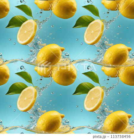 Seamless pattern with fresh juicy lemons and water splashes 113738456