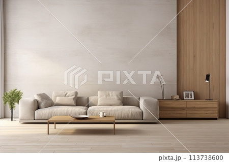 Modern minimalist living room design. Visualization of the interior in light beige colors. 113738600