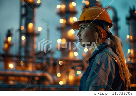 Portrait of a female engineer at work at an oil refinery. Generative AI 113738705