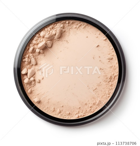 Face powder for make up isolated on white. Beige round cracked palette. 113738706