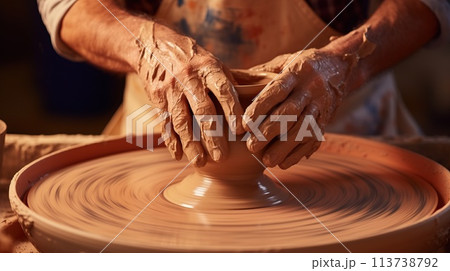Potter at work. Hands of the master close-up. The process of making pottery. Potter at work. Hands of the master close-up. The process of making pottery. 113738792