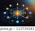黒背景に透明な青色のネットワークイメージ(AI画像) 113739281