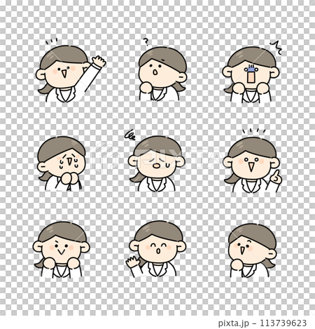 A set of facial expressions and poses of a woman wearing a white coat 113739623