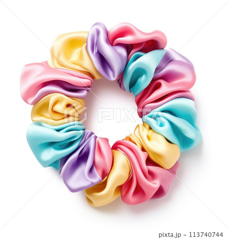 Colorful hair scrunchie, a fabric-covered elastic band for fastening hair, Ai Generated. 113740744