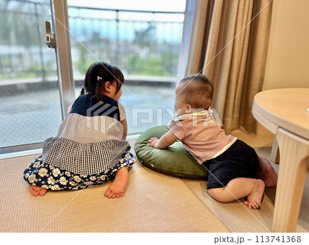 家の窓際で遊ぶ兄妹 家の窓際で遊ぶ兄妹 113741368