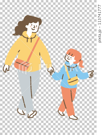 手を繋いで歩くお母さんと女の子_色 113741777