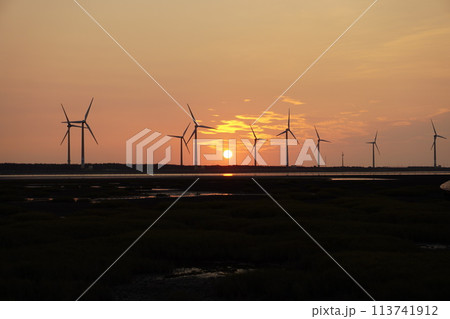 【台湾】高美湿地の夕日と風車の景色 【台湾】高美湿地の夕日と風車の景色 113741912