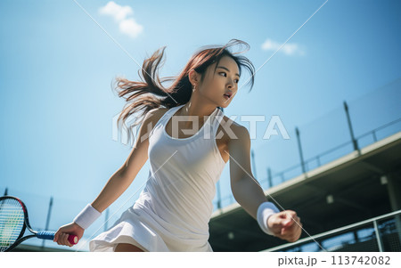 テニスコートの女性 113742082