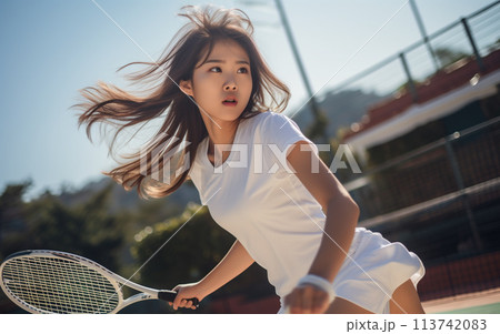 テニスを楽しむ女性 113742083