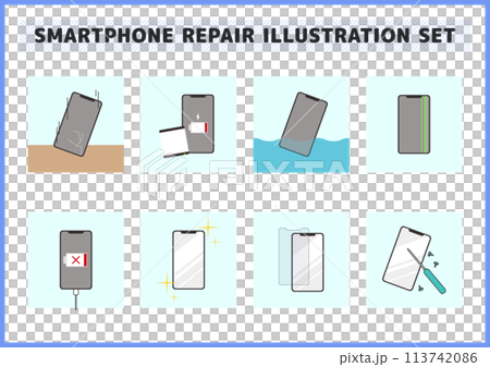 Water damage, breakdown, charging, cracked screen, smartphone repair illustration material set Water damage, breakdown, charging, cracked screen, smartphone repair illustration material set 113742086