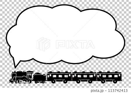 おもちゃ風のSL C62と客車の切り抜きイラストと、もこもこのふきだし 113742413