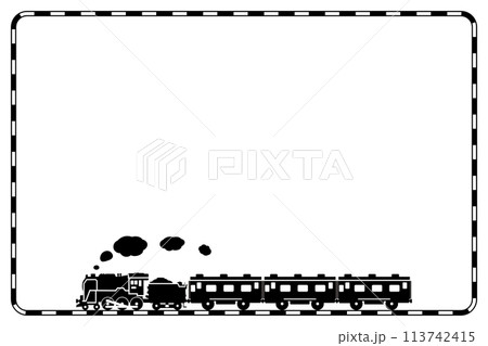 パターンブラシで描いた線路のフレームとおもちゃ風のSL C62と客車の切り抜きイラスト パターンブラシで描いた線路のフレームとおもちゃ風のSL C62と客車の切り抜きイラスト 113742415