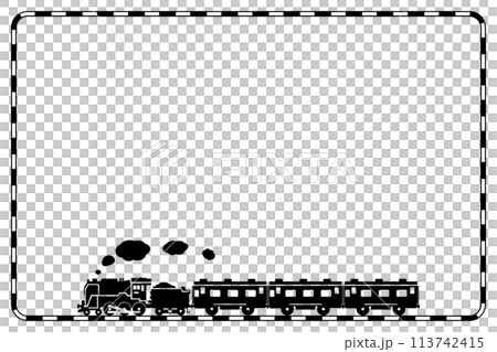 パターンブラシで描いた線路のフレームとおもちゃ風のSL C62と客車の切り抜きイラスト パターンブラシで描いた線路のフレームとおもちゃ風のSL C62と客車の切り抜きイラスト 113742415