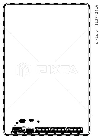 パターンブラシで描いた線路のフレームとおもちゃ風のSL C62と客車の切り抜きイラスト 縦 パターンブラシで描いた線路のフレームとおもちゃ風のSL C62と客車の切り抜きイラスト 縦 113742416