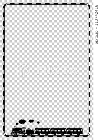 パターンブラシで描いた線路のフレームとおもちゃ風のSL C62と客車の切り抜きイラスト 縦 パターンブラシで描いた線路のフレームとおもちゃ風のSL C62と客車の切り抜きイラスト 縦 113742416