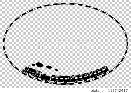 A cut-out illustration of a toy-style SL C62 and passenger car with a railroad frame drawn with a pattern brush, ellipse 113742417
