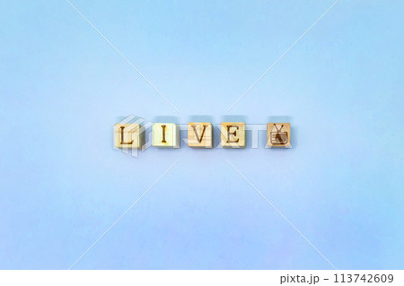 LIVEのアルファベットとテレビマークのブロックが中心に並ぶぼんやりとした淡い青紫色の背景 LIVEのアルファベットとテレビマークのブロックが中心に並ぶぼんやりとした淡い青紫色の背景 113742609