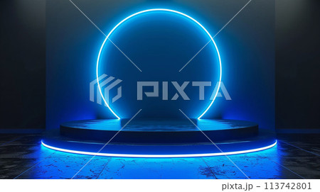 Podium illuminated with blue neon light, 3d rendering abstract background 113742801