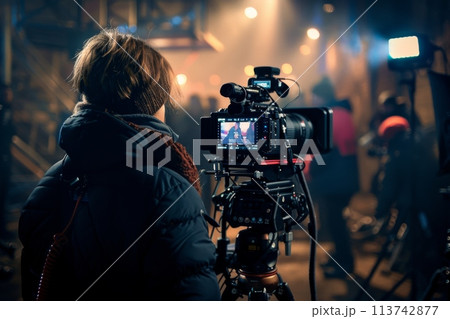 Professional videographer filming with a modern camera 113742877