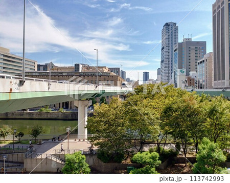 魚眼、フェスティバルホール、堂島川、渡辺橋、阪神高速11号池田線、中之島遊歩道・川・雲・高速道路 113742993