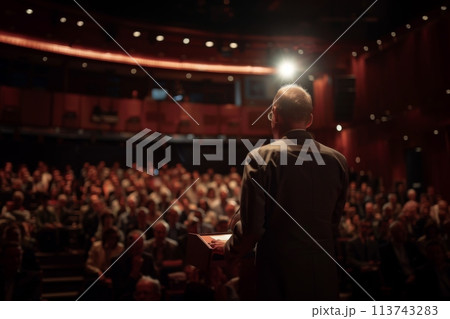 Confident speaker giving a speech at an auditorium event 113743283