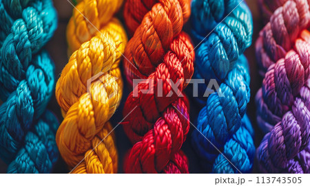 Multicolored rope of different colors. Close-up. Selective focus 113743505